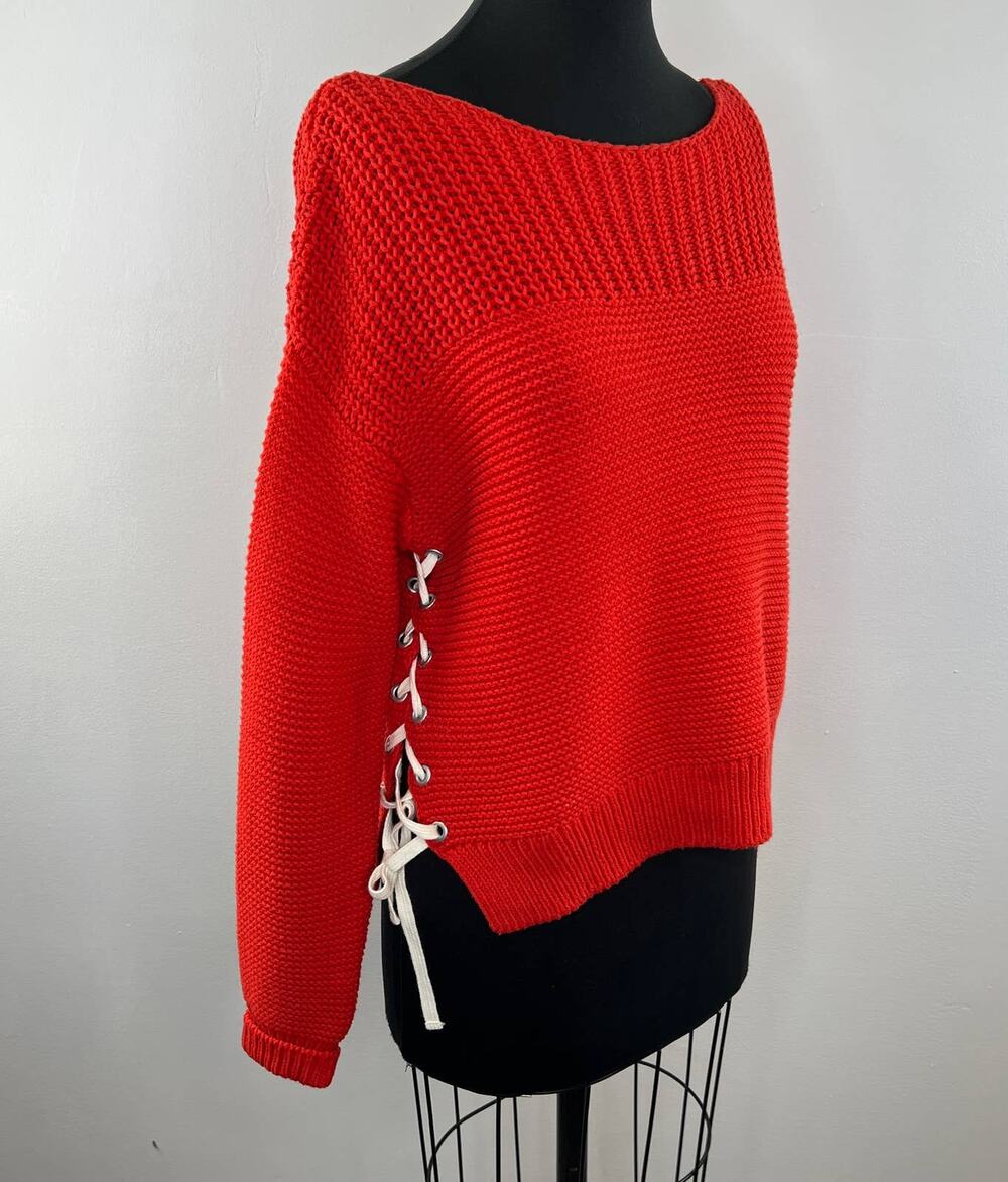 360 Sweater Red Cotton Acrylic Chunky Knit Lace Up Sides Boat Neck Sweater S